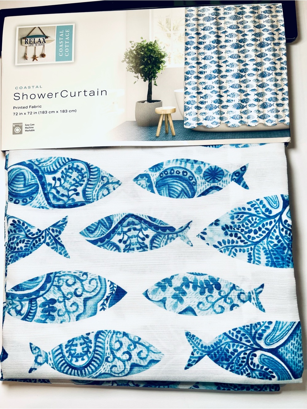 Patterned Blue Fish Fabric Shower Curtain Coastal Beach